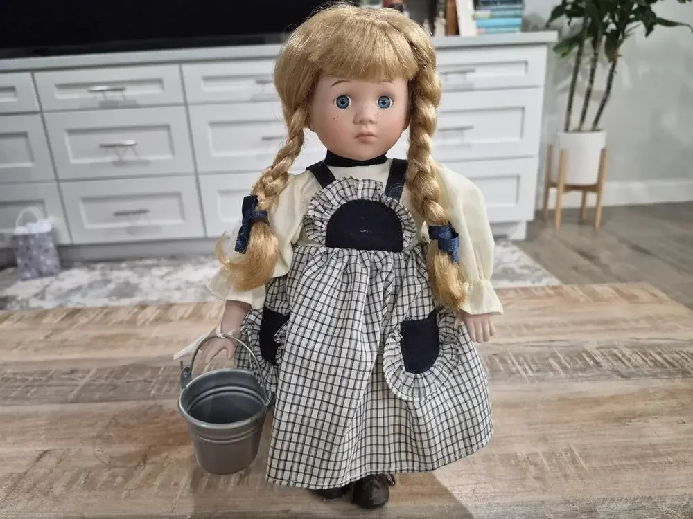 12 Inch Tall Porcelain Doll Blonde Hair Blue Eyes Perfect Condition